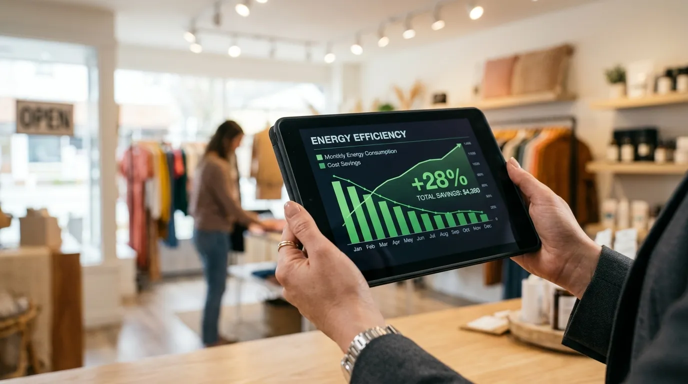 Grafico de economia na conta de energia em tablet dentro de estabelecimento comercial.