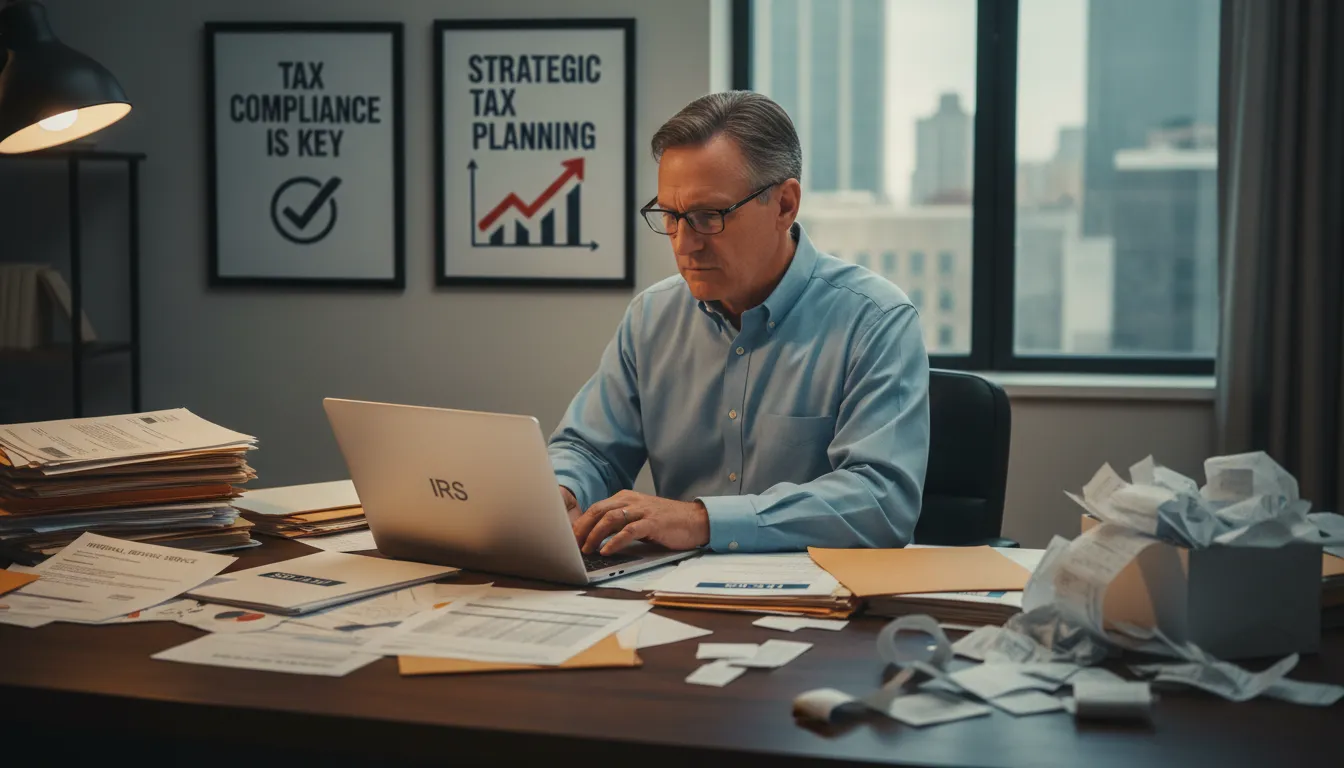 Contador americano preenchendo declaração de imposto com atenção à conformidade fiscal