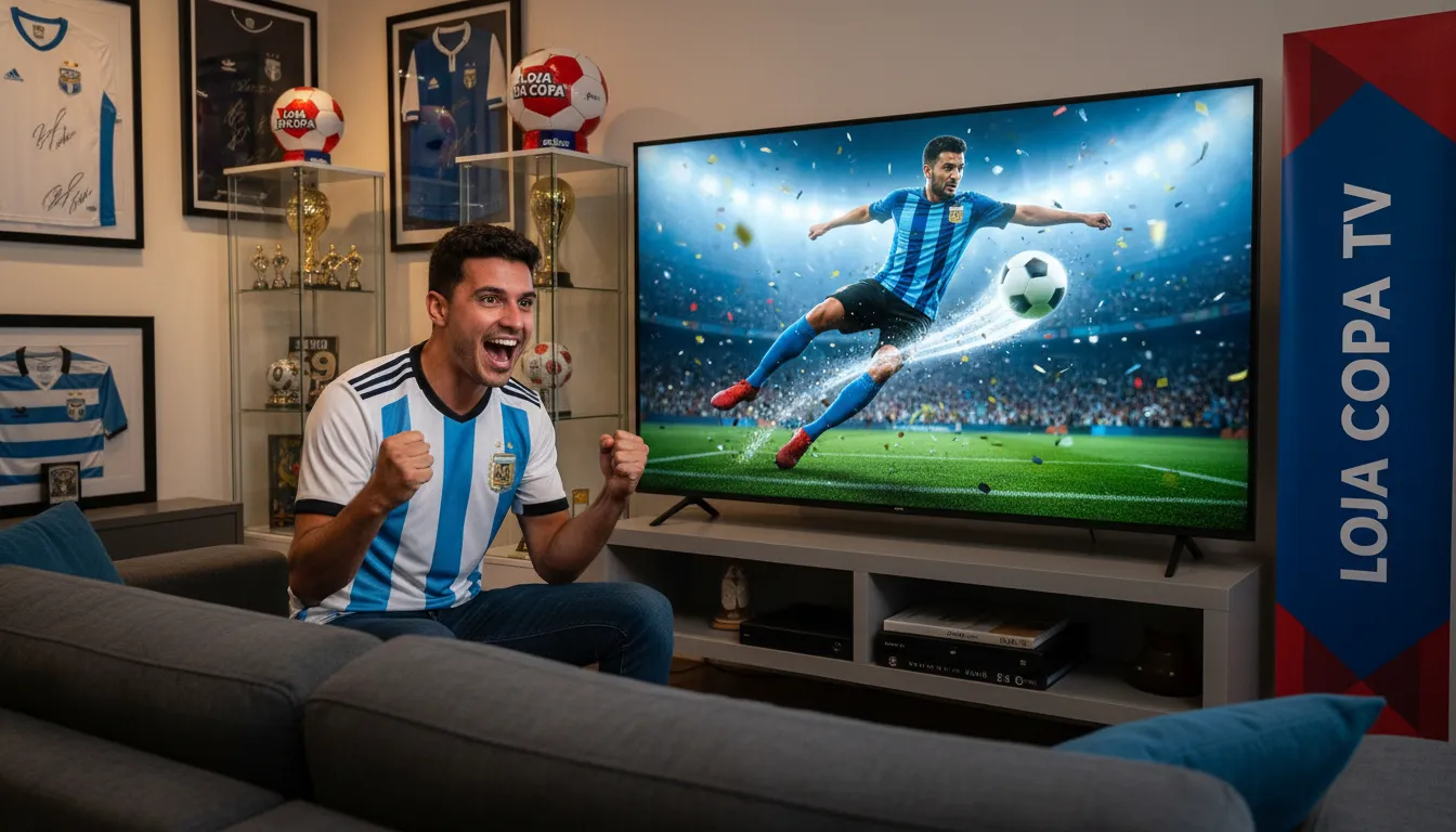 Pessoa assistindo a um jogo de futebol em uma grande tv oled com detalhes nítidos e vibrantes, comprada na Loja da Copa.