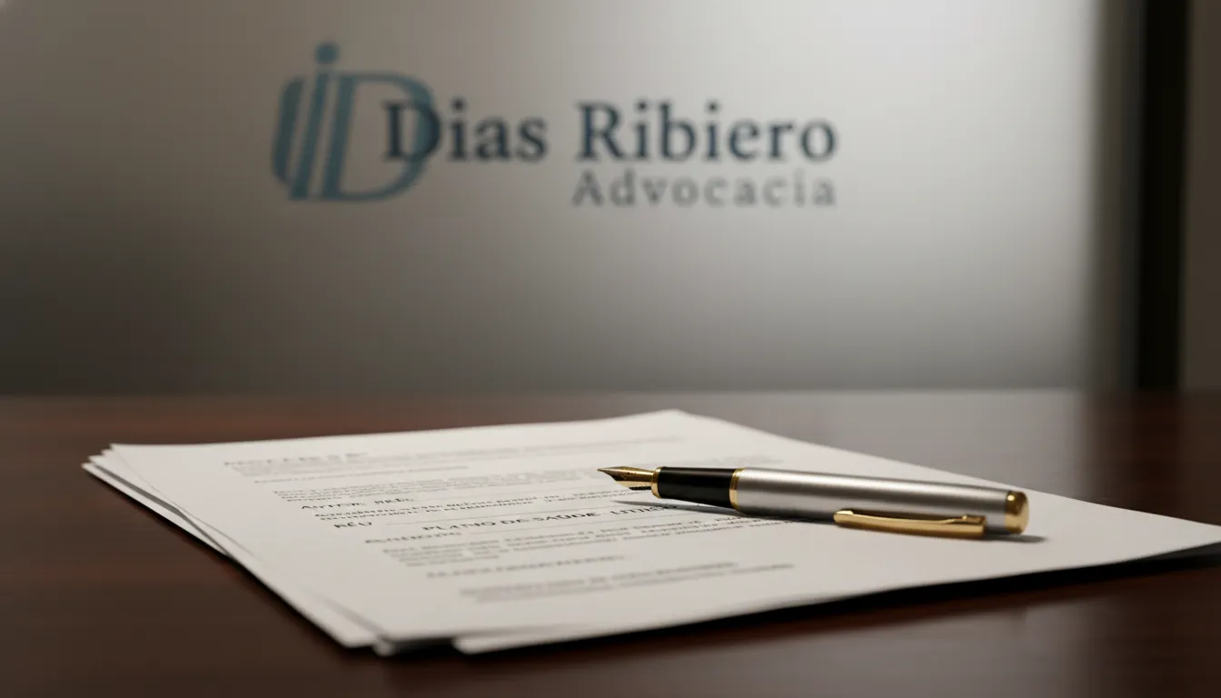 Documentos legais detalhados em escritório de advogado em São Vicente, relacionados a ação contra plano de saúde.