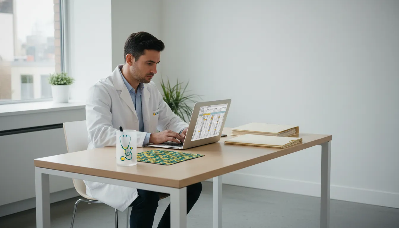 Um médico concentrado revisando relatórios financeiros em seu escritório, demonstrando a necessidade da contabilidade para médicos na gestão financeira.