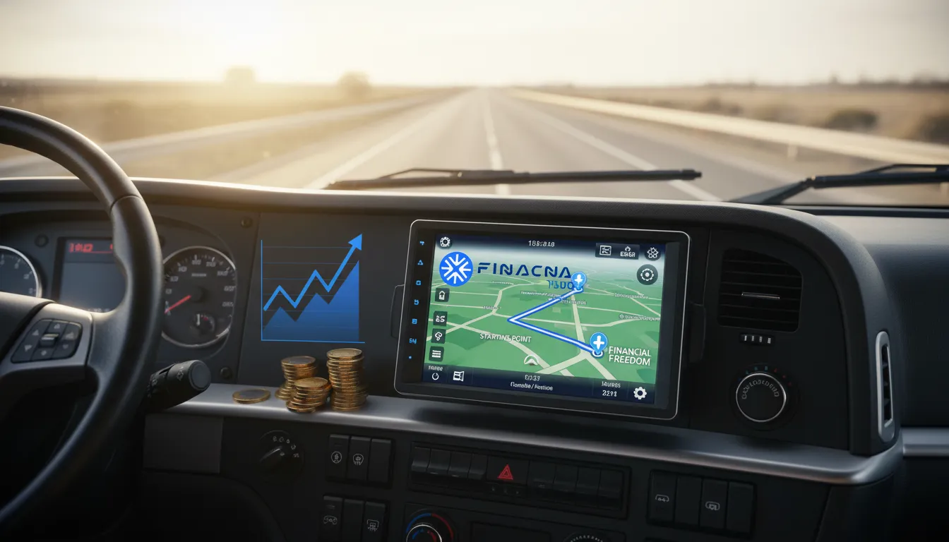 Painel de caminhão com rota da prosperidade, representando o futuro financeiro estável com o refinanciamento de caminhão quitado ou financiado.
