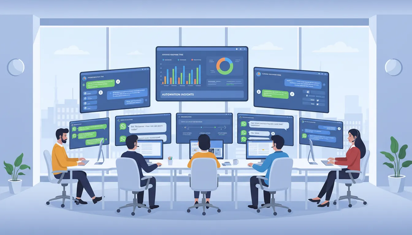 Equipe de atendimento analisando fluxos e gráficos de chatbots do WhatsApp em várias telas