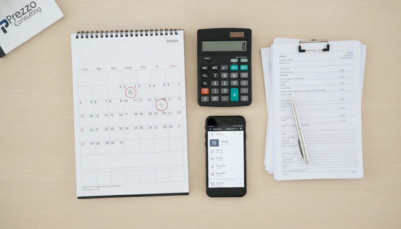 Mesa organizada com calendário, calculadora e documentos, representando a gestão de payroll nos EUA como funciona.