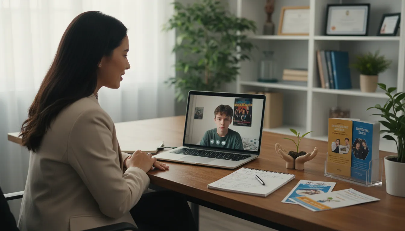 Terapeuta online atendendo adolescente com dedicação e materiais de orientação à saúde mental.