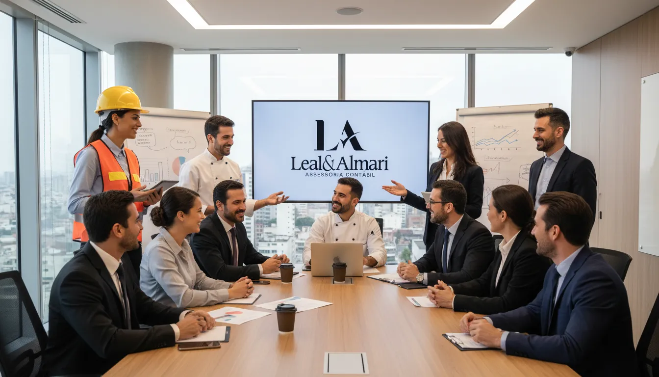 Empresários de diferentes setores reunidos com contadores da Leal & Almari para consultoria sobre e-cac imposto de renda e planejamento tributário.