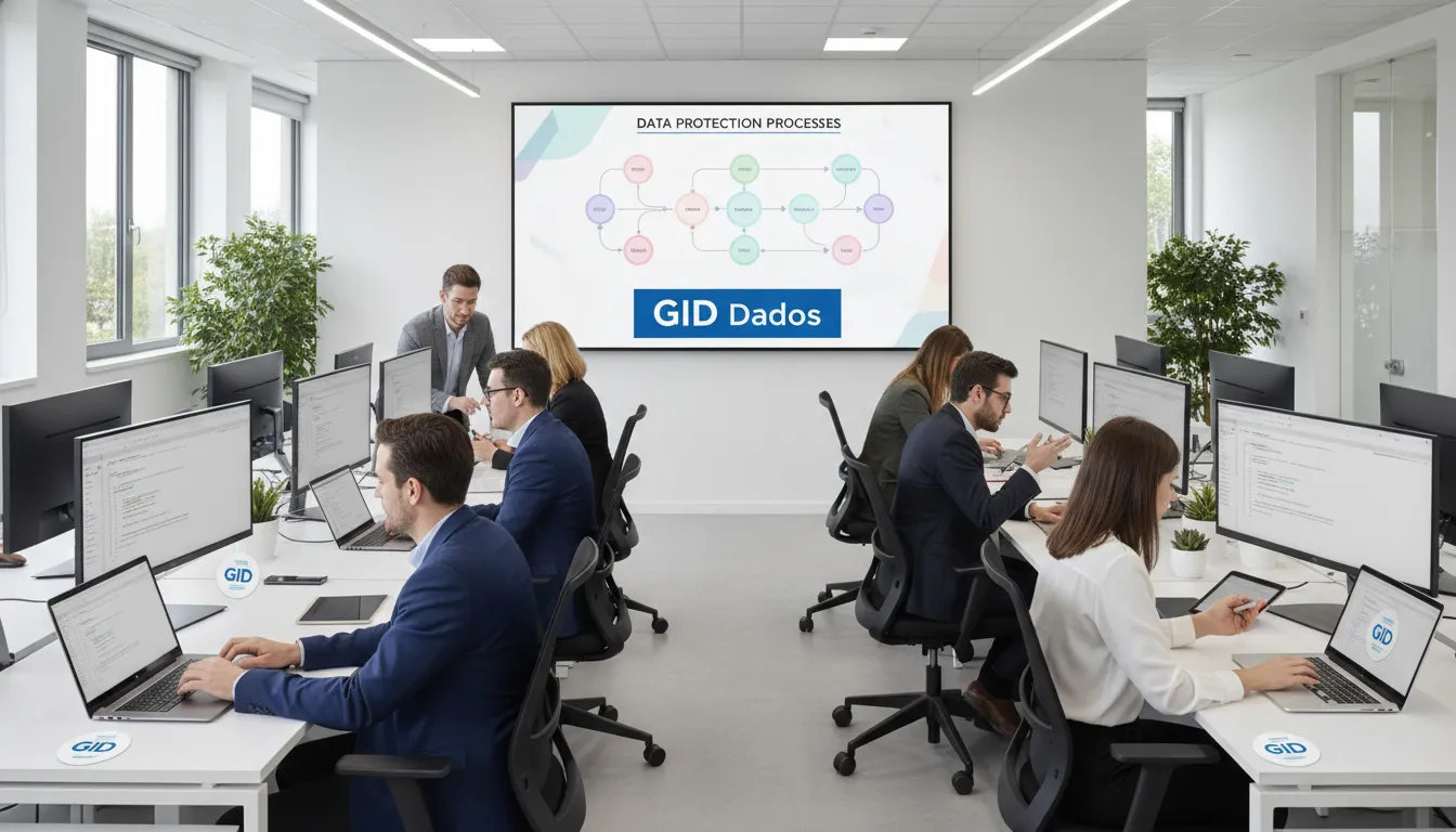 Colaboradores em um escritório moderno trabalhando na proteção de dados, com soluções personalizadas da GID visíveis em adesivos nos laptops.