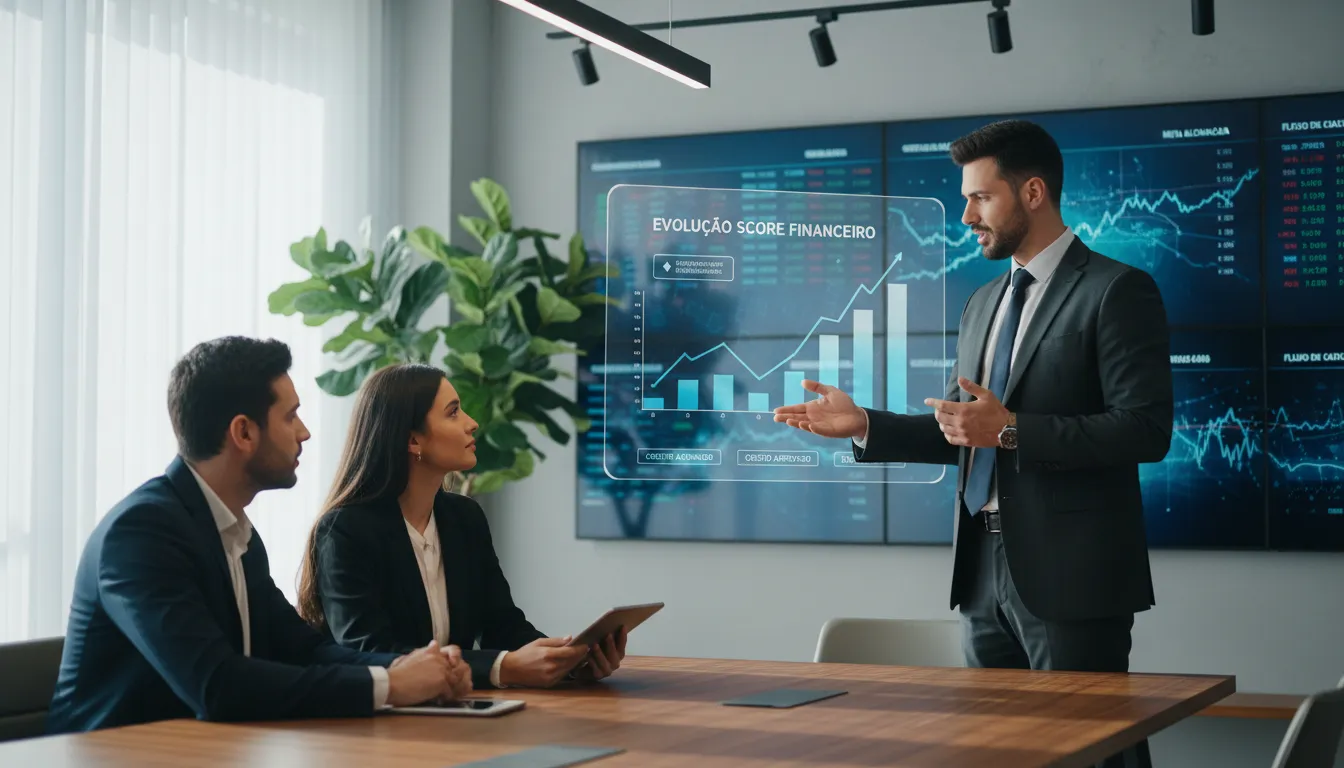 Consultor financeiro explicando estratégias de aumento do score de crédito para casal