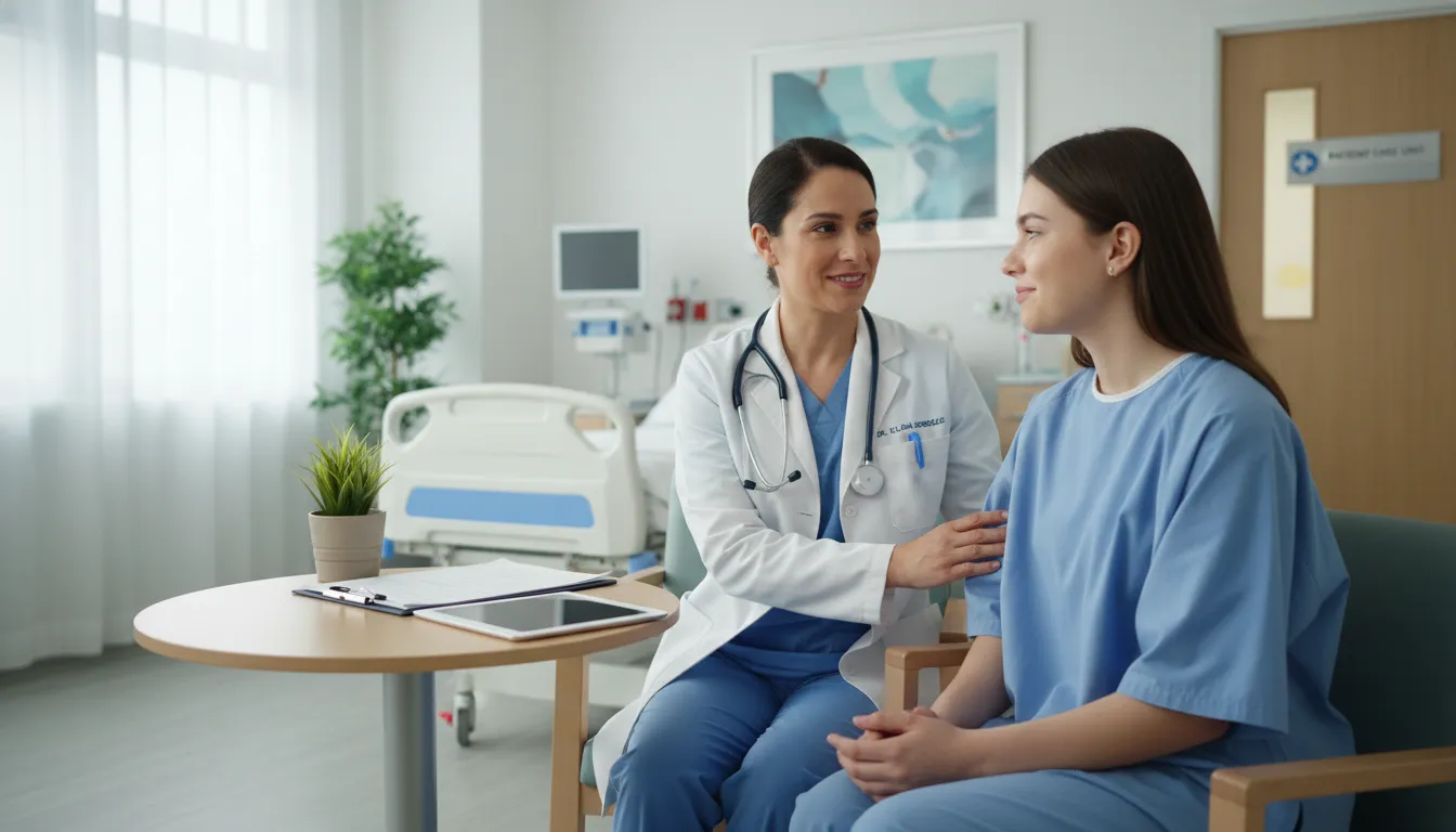 Profissional de saúde e mulher jovem conversam em hospital, transmitindo cuidado, acolhimento e proteção