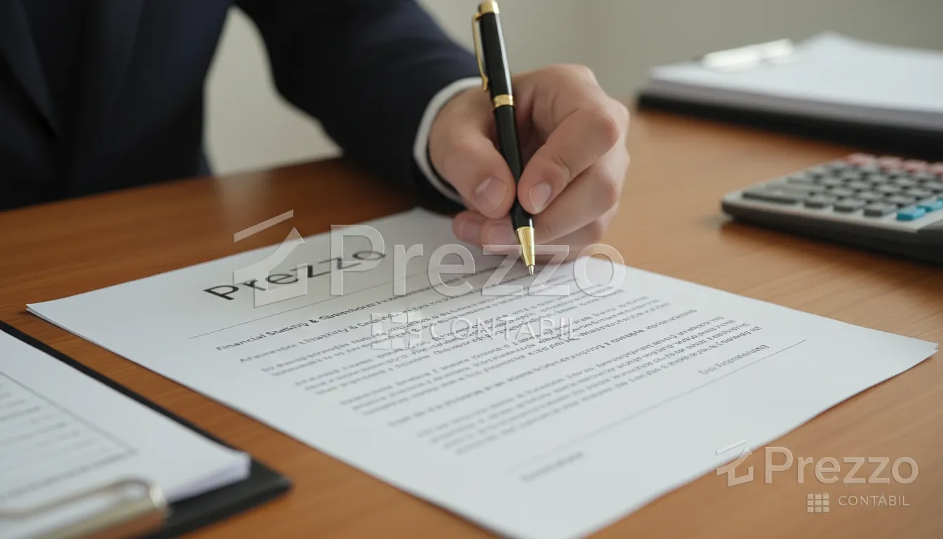 Close-up de uma mão assinando um documento financeiro com a marca d'água da Prezzo Contábil. Contabilidade para Escolas em São Paulo, garanta a estabilidade financeira.