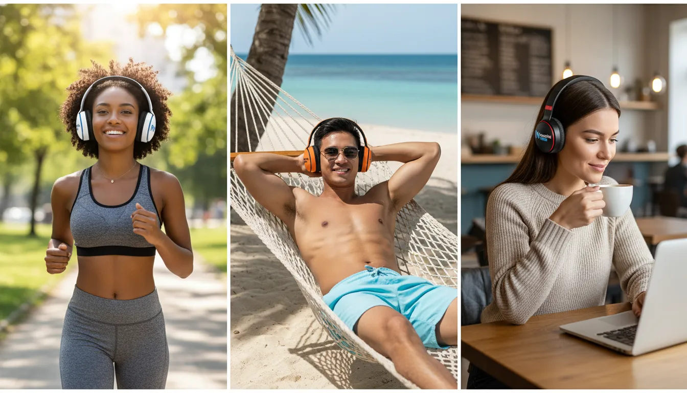 Pessoas diversas usam fones de ouvido personalizados da Nogueira Brindes em diferentes cenários, como corrida, praia e café, mostrando a versatilidade dos fones.