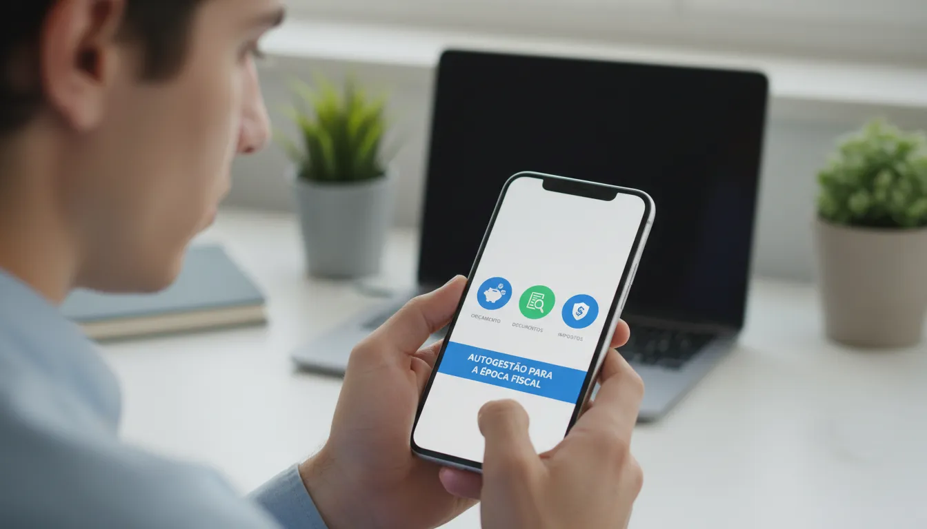 Pessoa jovem usando aplicativo financeiro para organizar documentos e controle do imposto de renda.