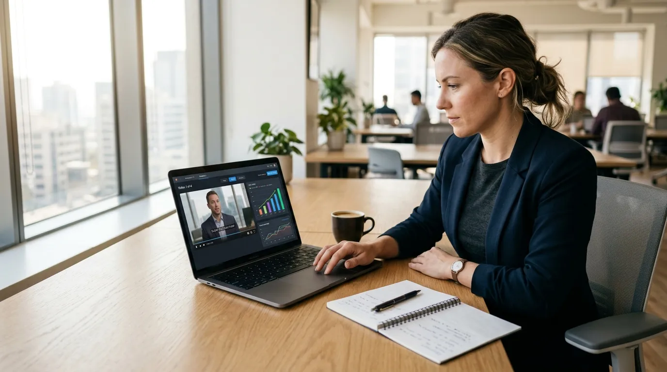 Empresário analisando métricas e prova social em vídeo case para conversão de clientes.