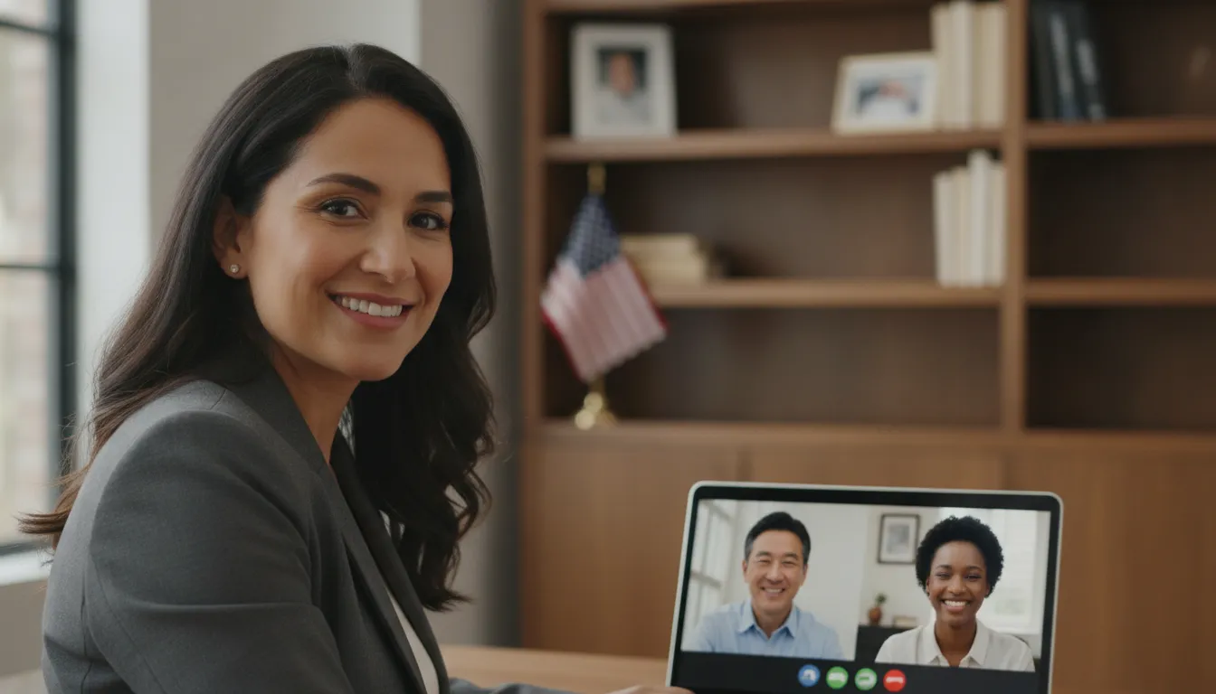 Mulher empreendedora em videochamada, conectando-se e conseguindo clientes nos Estados Unidos com sucesso.