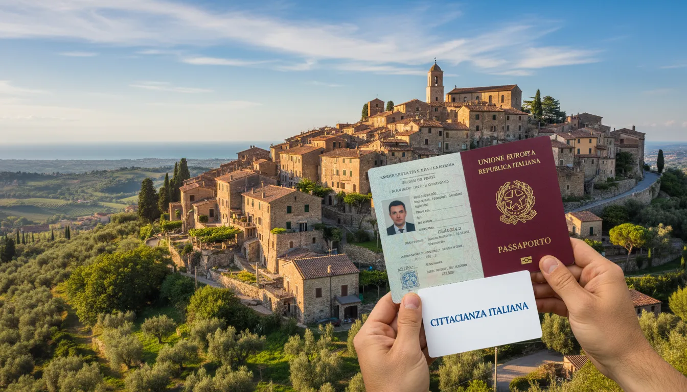 Visão de uma vila italiana com um passaporte e cidadania italiana sendo exibidos em primeiro plano.