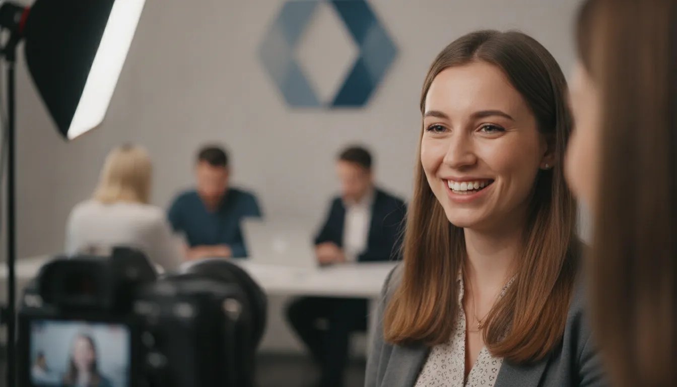 Jovem funcionária sorridente é entrevistada para vídeo de employer branding, compartilhando experiência positiva.