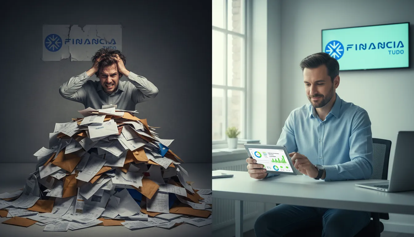 Tela dividida mostrando o antes e depois da educação financeira crédito e organização das finanças.