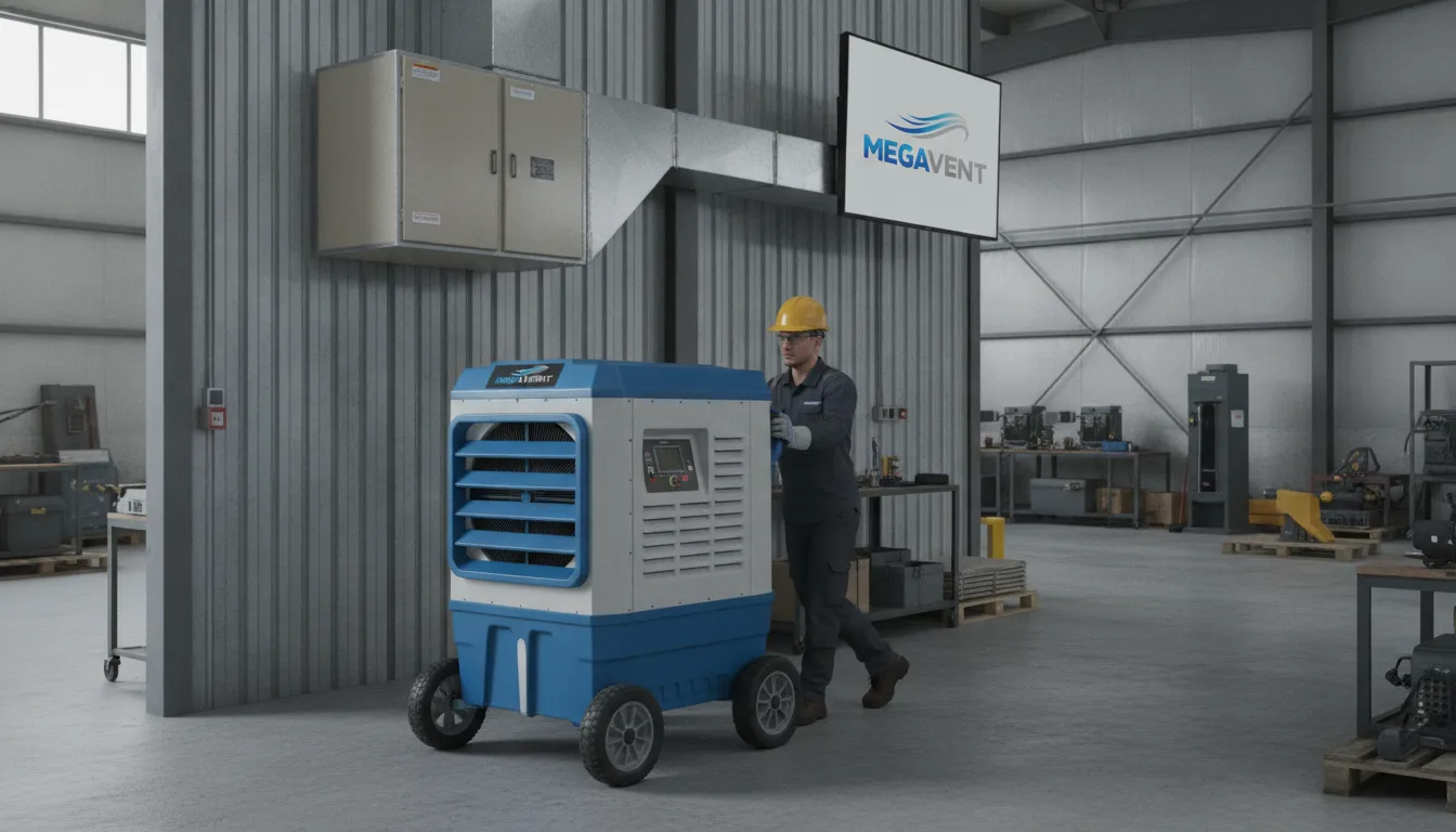 Climatizador industrial portátil MegaVent ao lado de um modelo fixo, destacando a mobilidade do equipamento portátil.