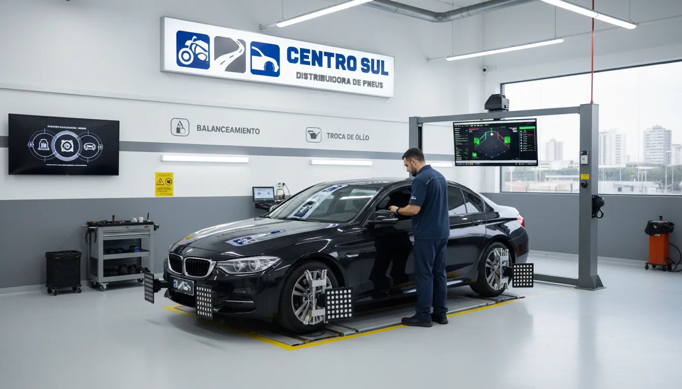 Serviços de geometria 3D e balanceamento em oficina especializada da distribuidora de pneus RS.