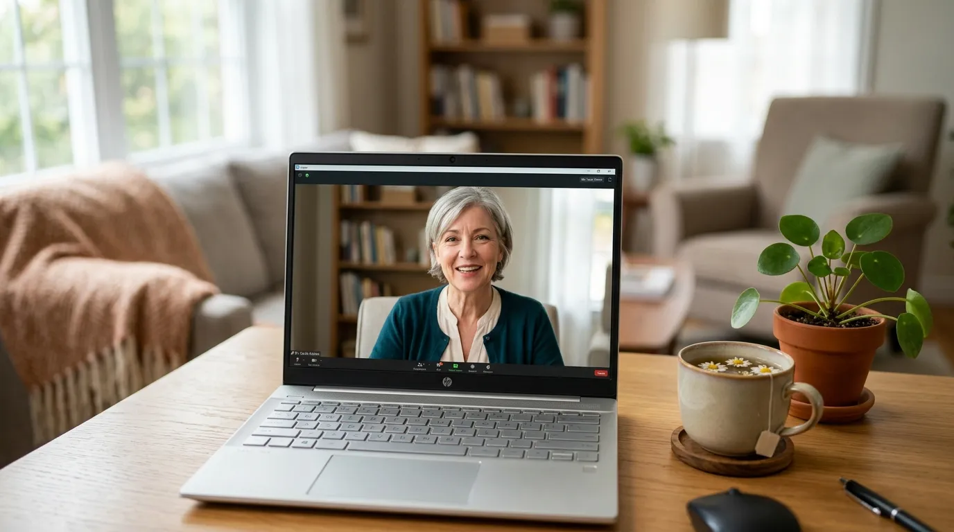 Consulta online sobre sono e saúde mental com psicologo em um notebook.