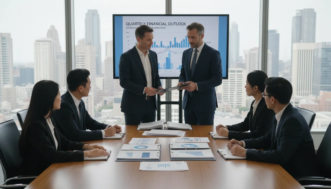 Consultores apresentando relatórios fiscais para investidores brasileiros nos EUA.