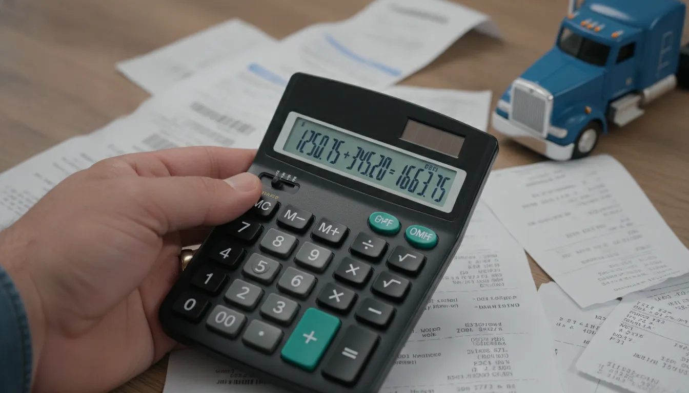 Calculadora e notas fiscais para determinar o custo por quilômetro rodado do caminhão.