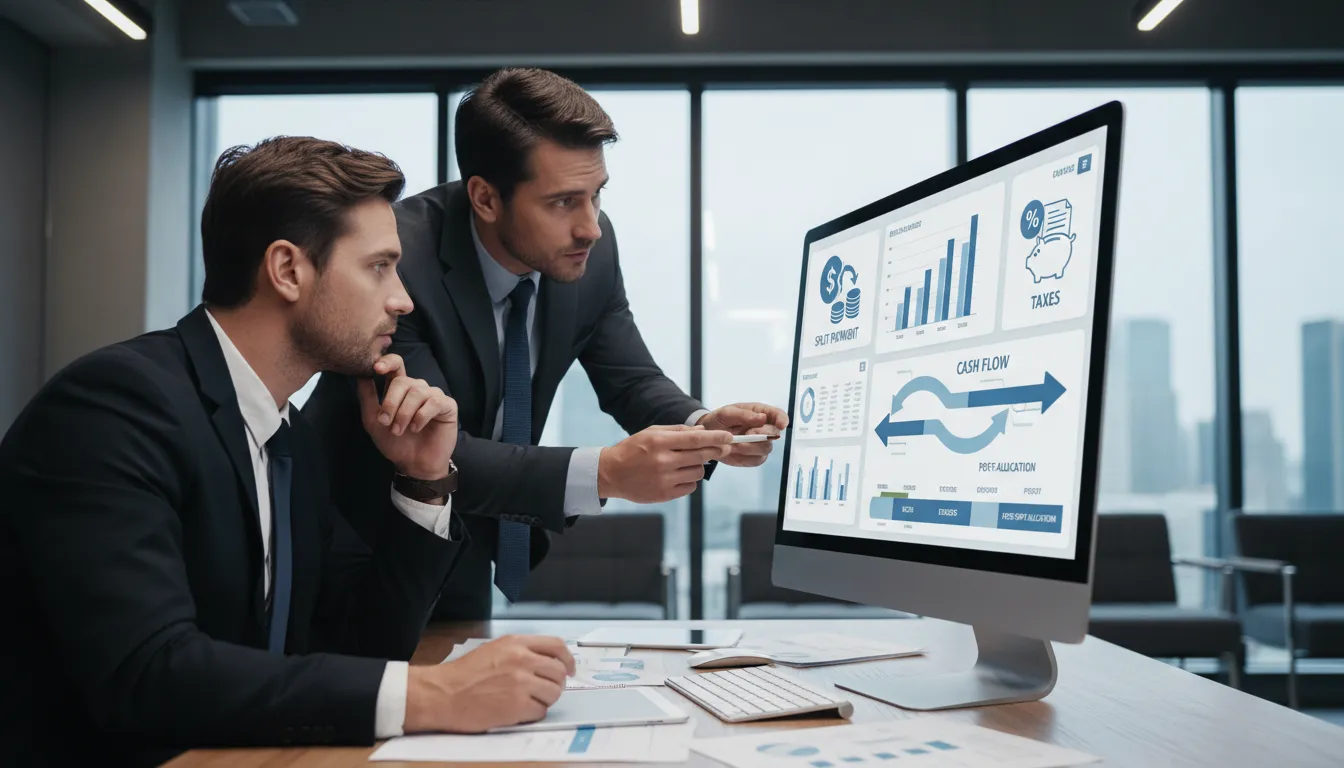 Empresários revisando relatórios financeiros digitais com destaque para divisão de valores e impostos split payment.