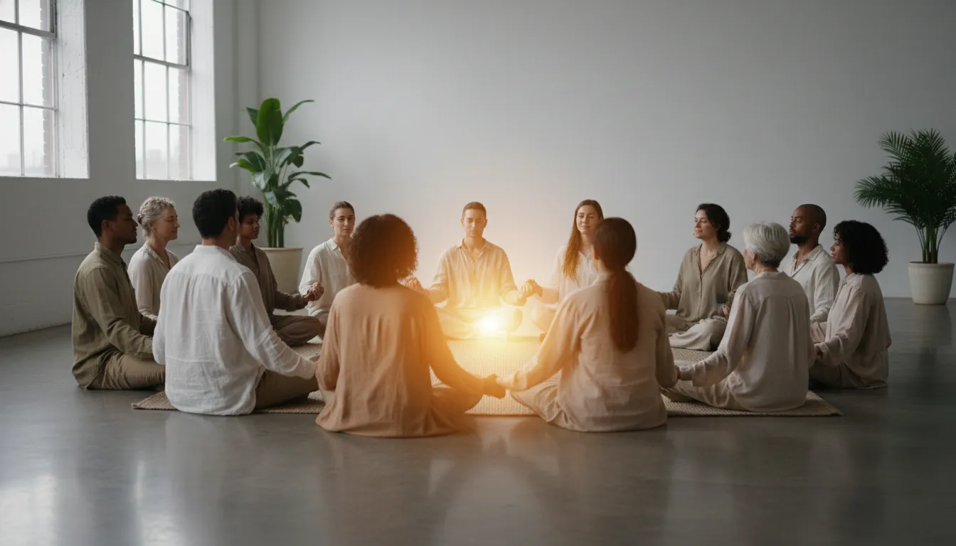 Grupo diverso em círculo de mãos dadas, buscando cura espiritual e crescimento pessoal.