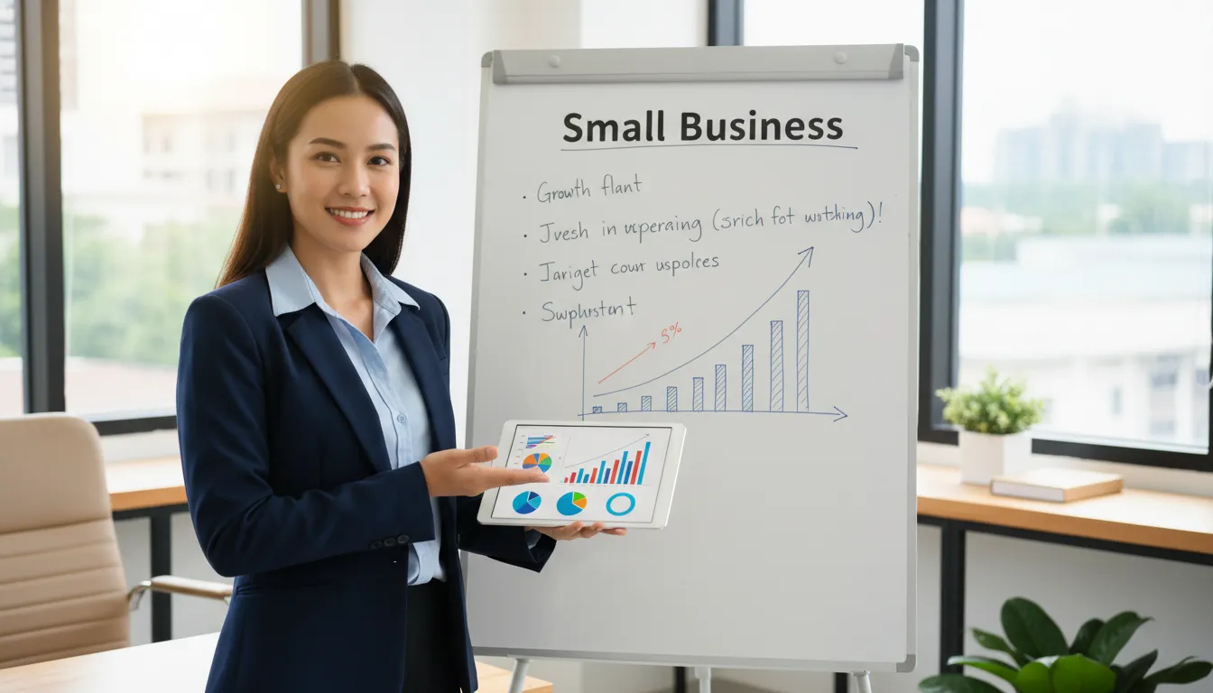 Business advisor reviewing bookkeeping information on tablet, conveying financial assistance for small business.