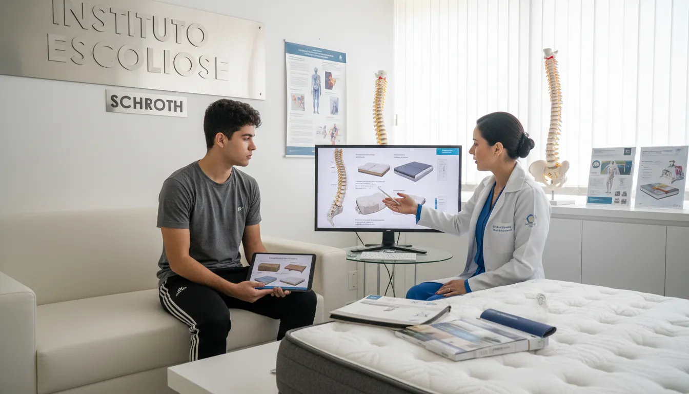 Imagem da Dra. Patricia Italo Mentges do Instituto Escoliose consultando sobre opções do melhor colchão para coluna para um paciente com escoliose.