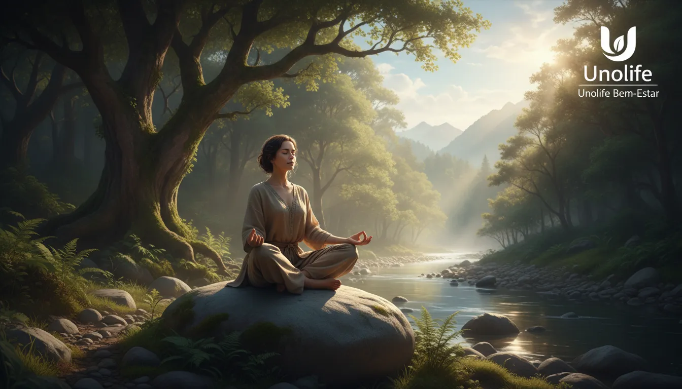 Pessoa meditando ao ar livre, simbolizando estratégias de enfrentamento da ansiedade, em material promocional dos serviços de bem-estar da Unolife.