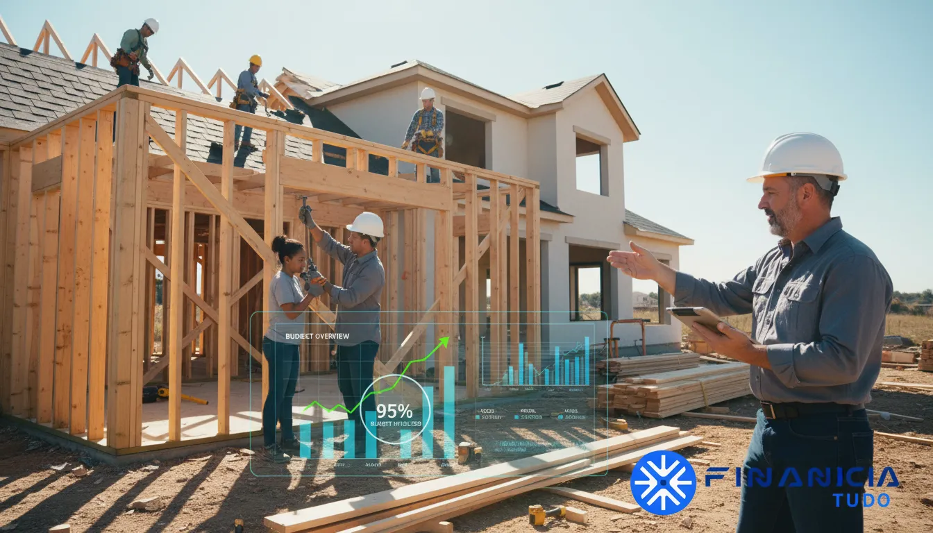 Equipe de construção trabalhando, com gestão de custo de construção otimizada, e apoio da Financia Tudo.