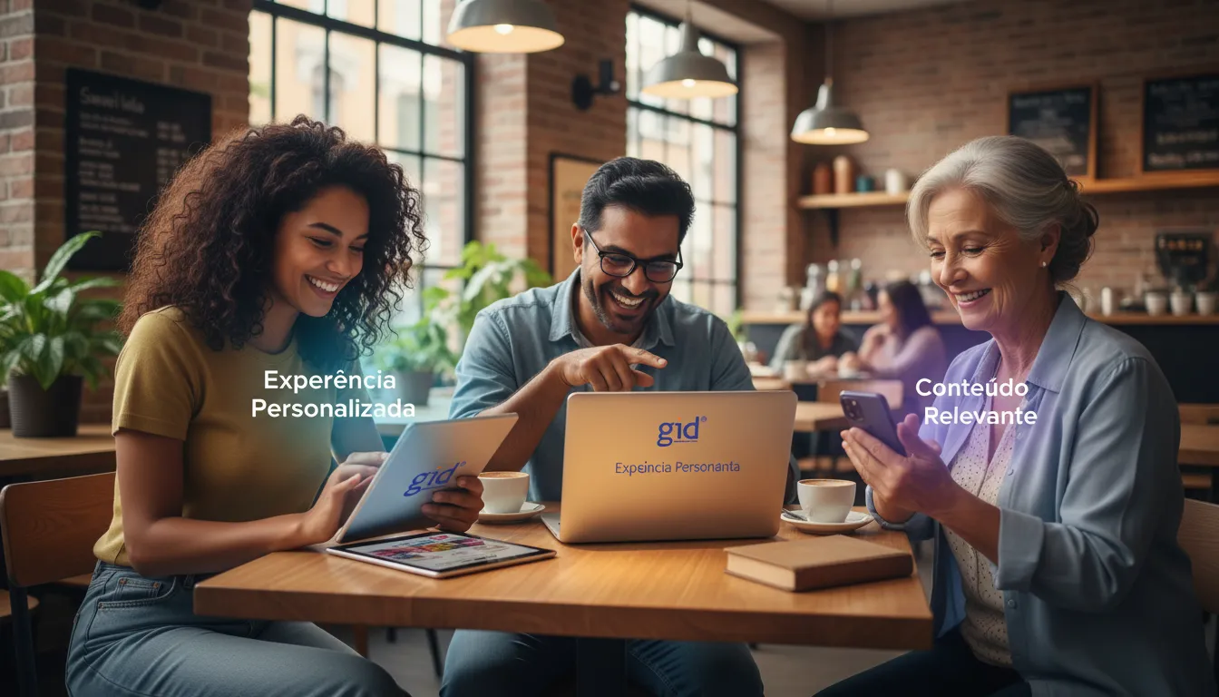 Grupo de usuários satisfeitos em telas, ilustrando o sucesso da otimização de seo além palavras-chave ao focar na intenção do usuário.