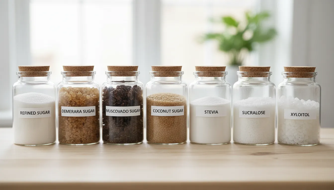 Vários tipos de açúcares e adoçantes em potes de vidro rotulados sobre superfície clara.