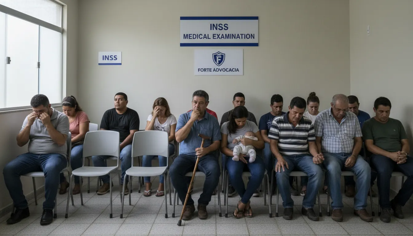 Pessoas aguardando em uma sala de espera para a perícia médica INSS, refletindo a ansiedade do processo.