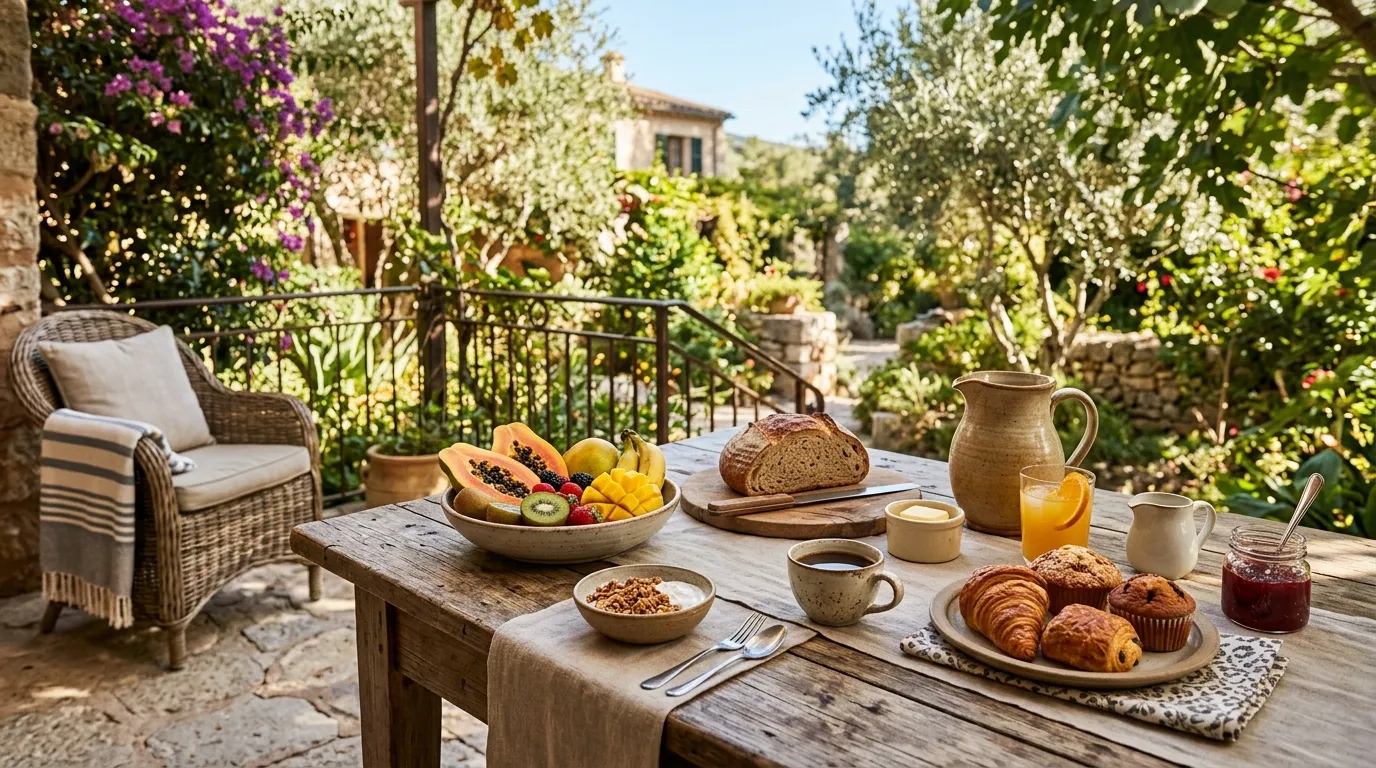 Café da manhã completo servido na varanda de uma charmosa pousada de campo.