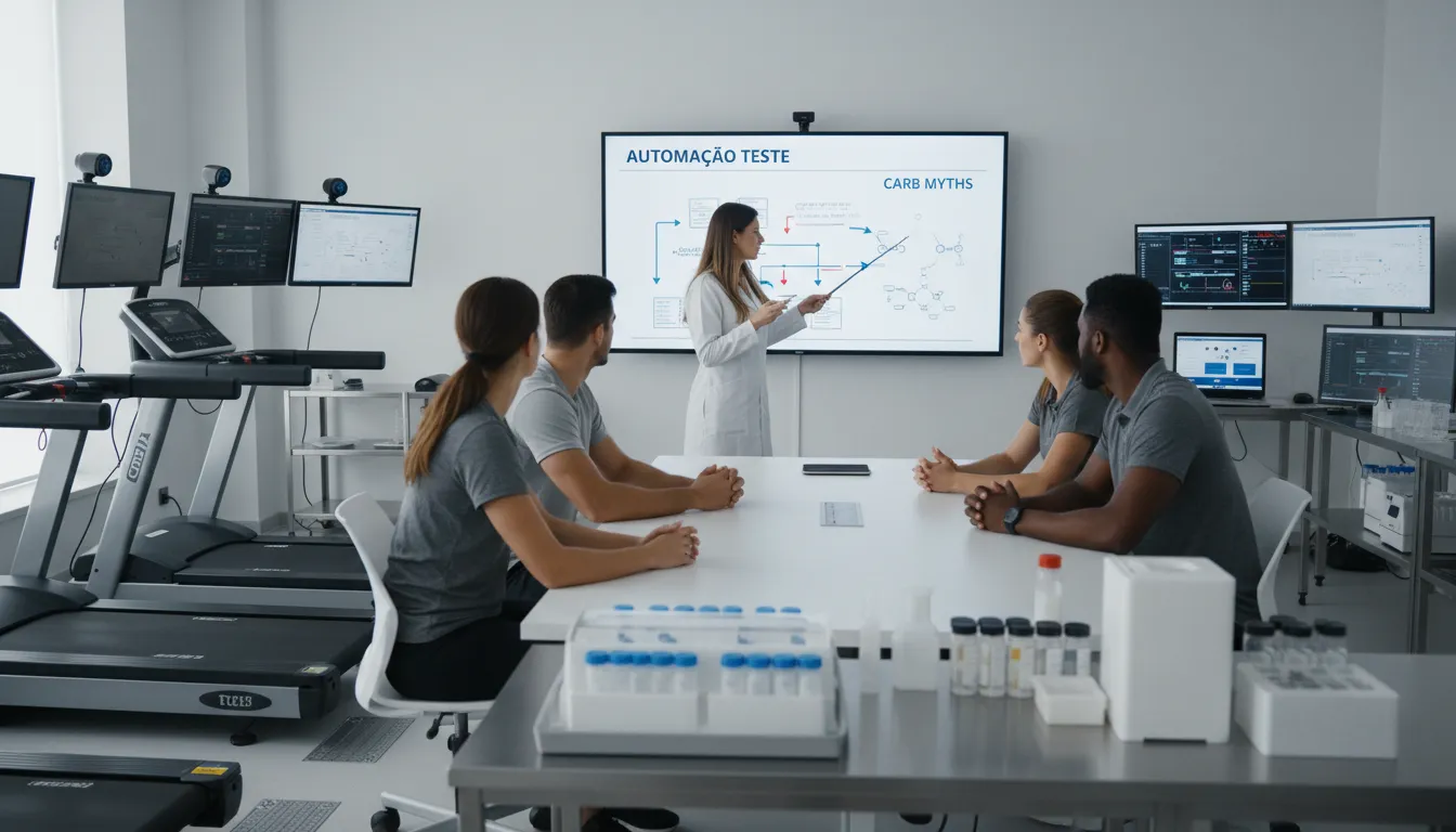 Close-up of a nutritionist explaining carbohydrates prática esportes to athletes in a sports science lab, focusing on carbohydrate metabolism and athletic performance.
