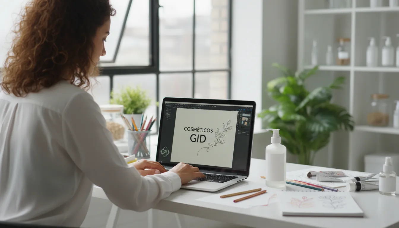 Designer criando rótulos para cosméticos artesanais em um estúdio iluminado, com o logo da GID em destaque na tela do laptop, demonstrando a personalização das soluções oferecidas.