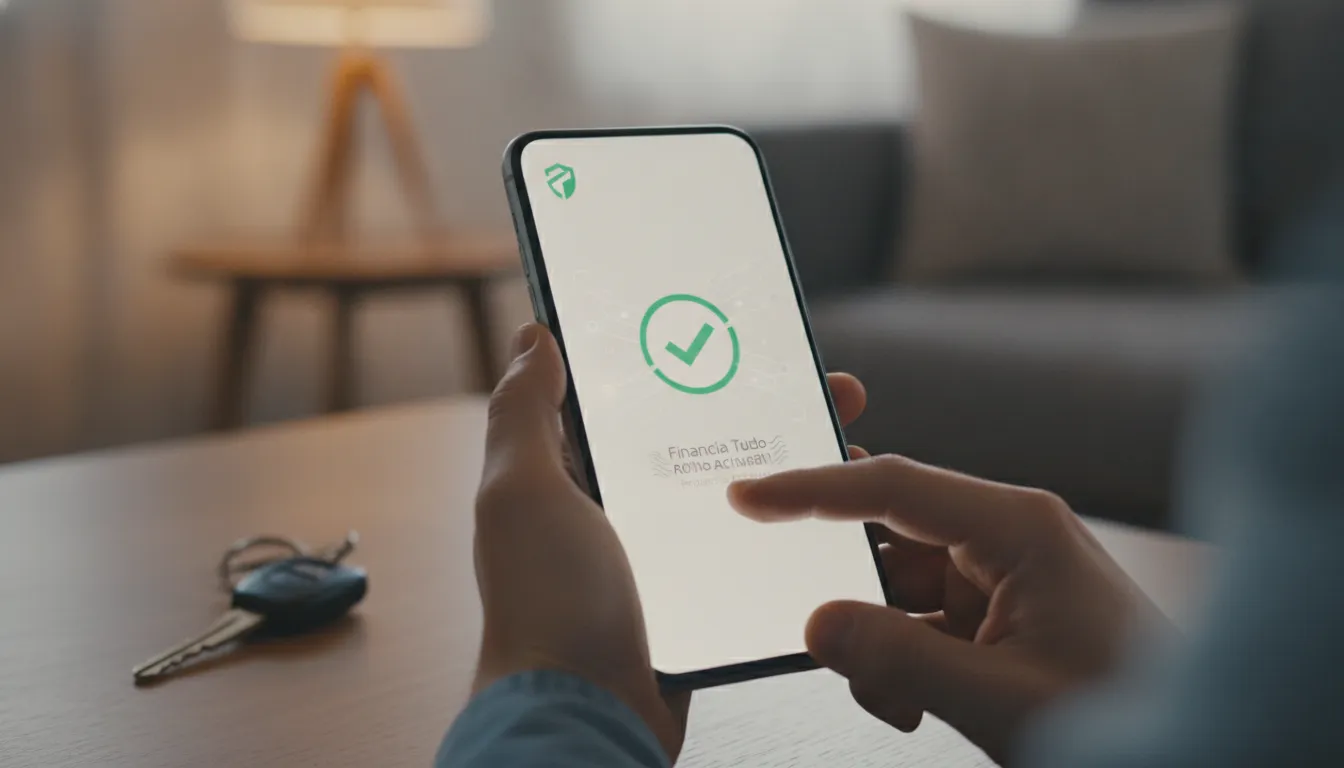 Transação digital concluída, app Financia Tudo ativando proteção veicular ou seguro de forma ágil.