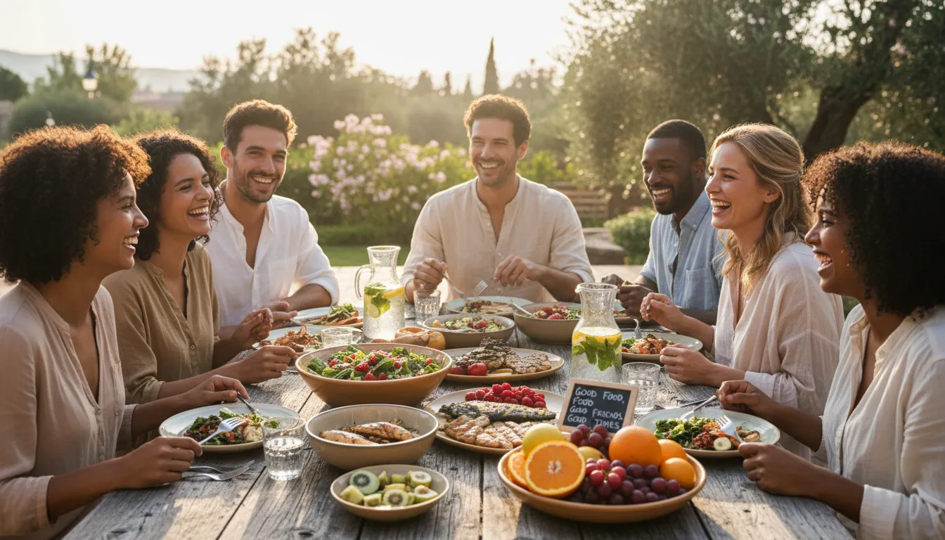 Grupo de amigos compartilhando alimentos nutritivos em clima descontraído e saudável