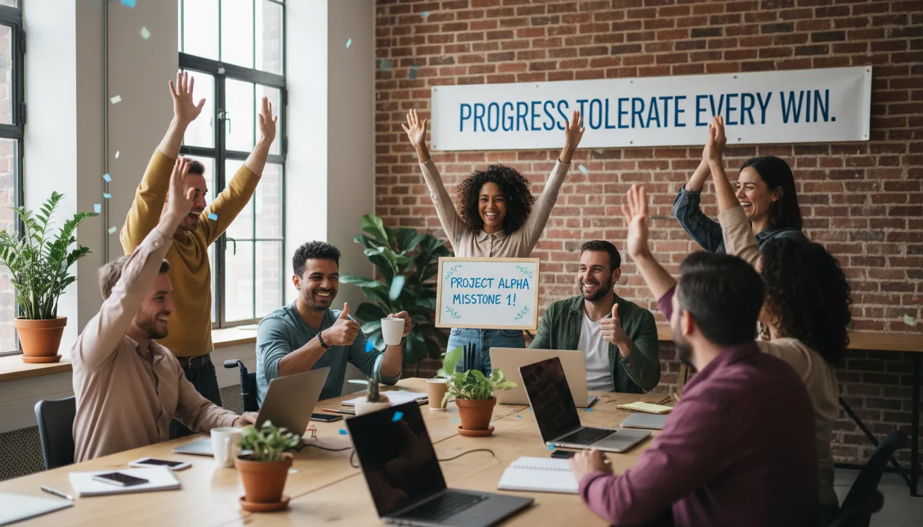 Grupo diverso celebrando pequenas conquistas em ambiente colaborativo.