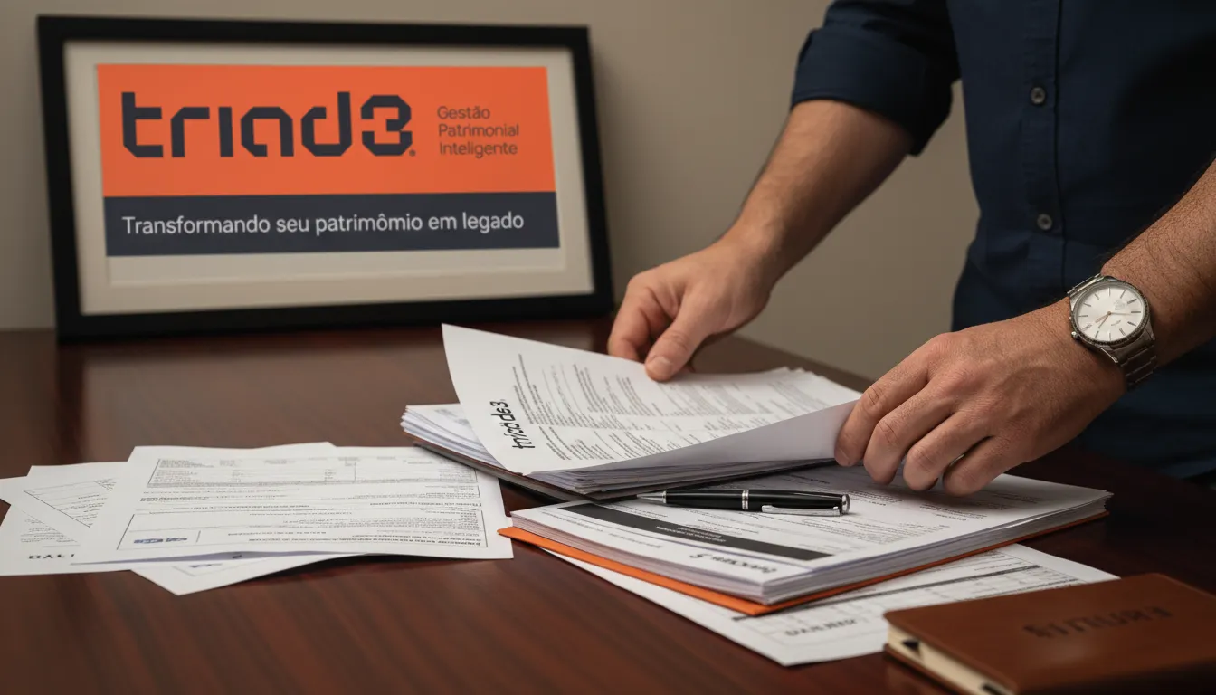 Mãos organizando documentos financeiros, incluindo declaração do meu imposto de renda, com foco em planejamento.