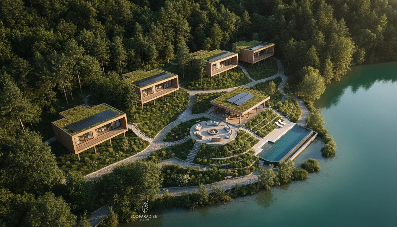 Vista aérea de cabanas ecológicas integradas à natureza com infraestrutura sustentável