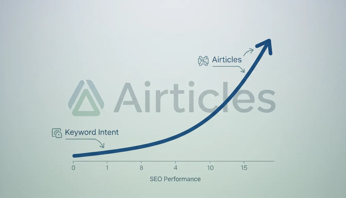 Gráfico realista demonstrando melhora de SEO com Keyword Intent: What? usando Airticles, com o logo da empresa no fundo.