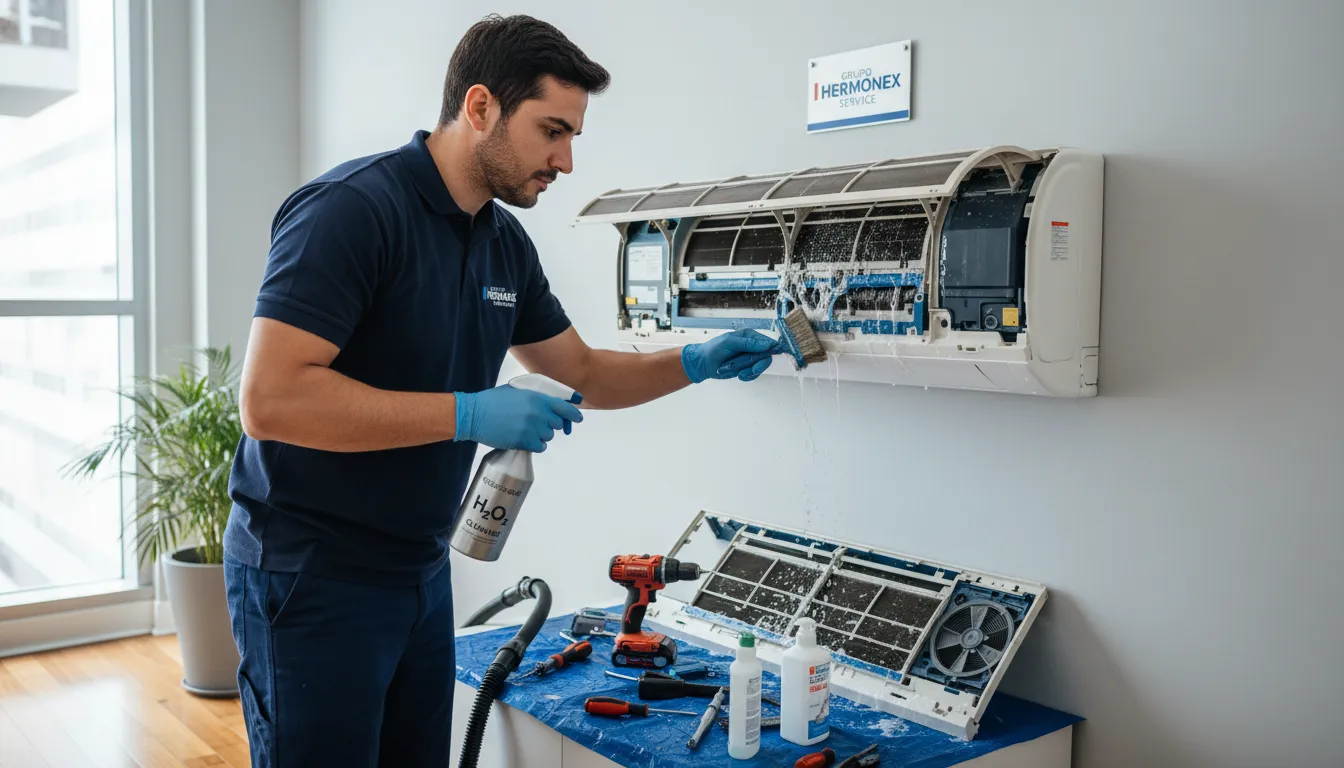 Técnico Grupo Hermonex limpando ar condicionado. Limpeza de ar condicionado profissional para sua saúde e bem-estar.