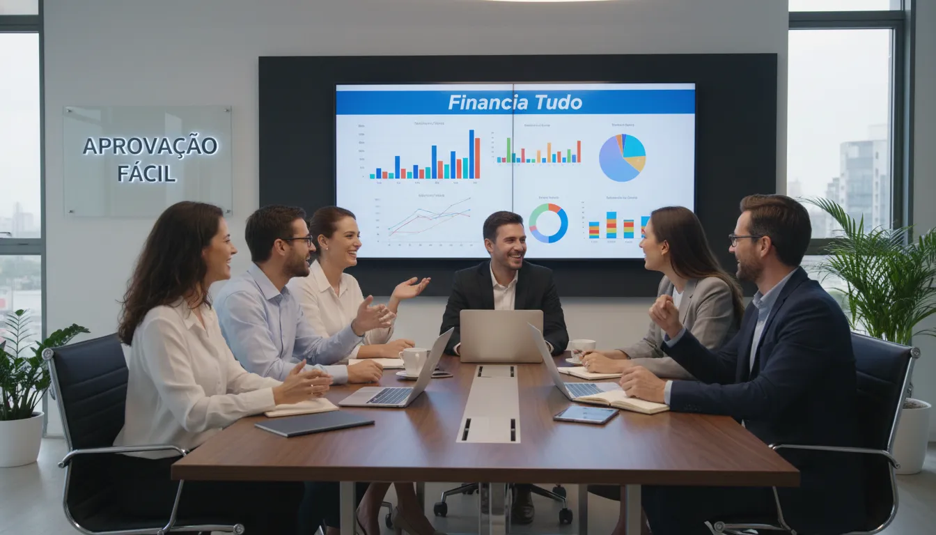 Grupo diverso discute estratégias financeiras para aumentar aprovação de crédito. Ambiente colaborativo, com gráficos e telas exibindo informações relevantes.