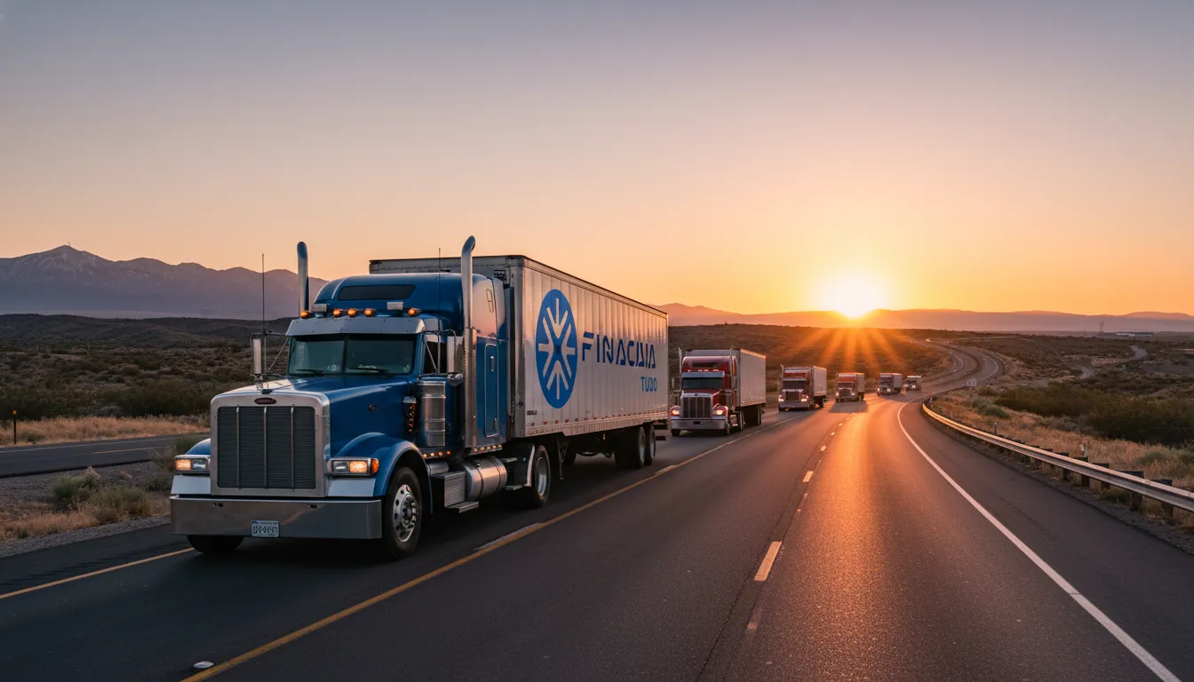 Vários caminhões na estrada ao nascer do sol, representando o refinanciamento de caminhão para fluxo de caixa e um novo começo financeiro com a Financia Tudo.