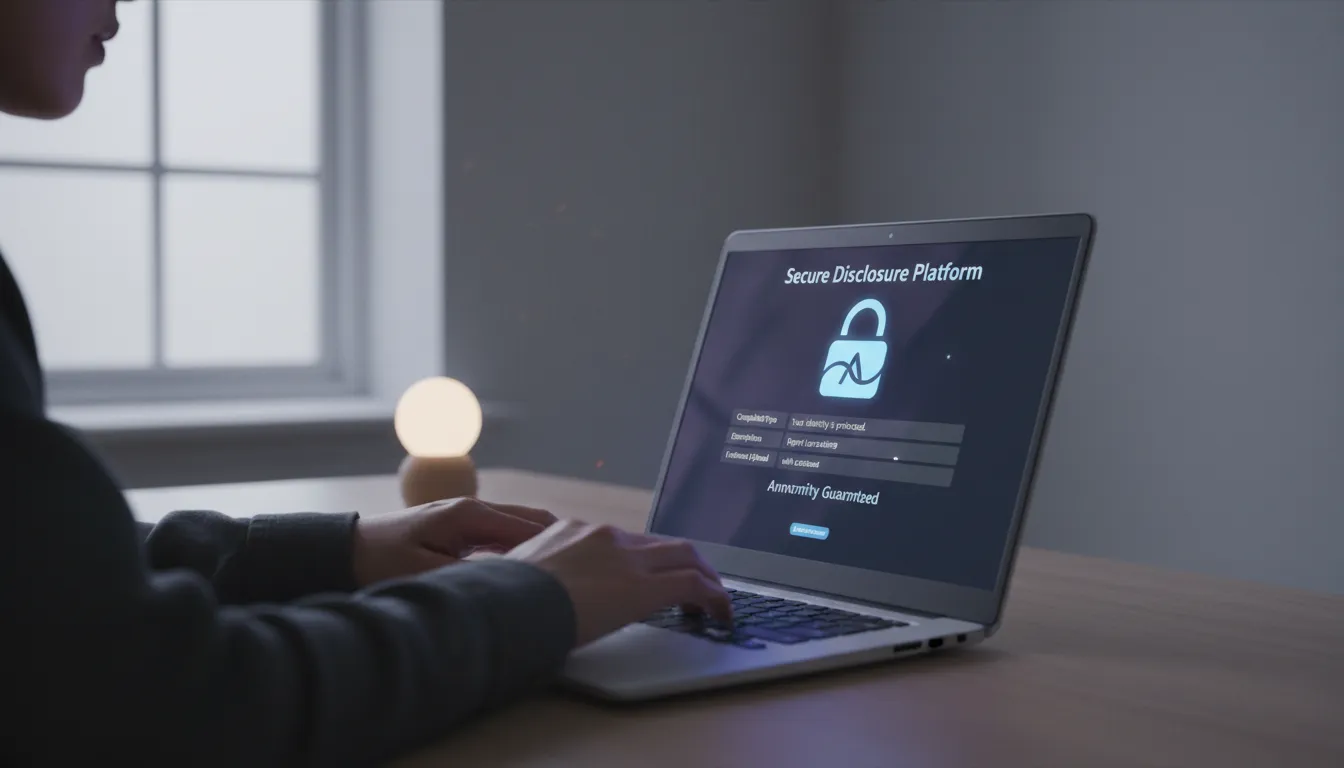 Pessoa digitando de forma anônima em notebook, representando segurança em denúncias de irregularidades.