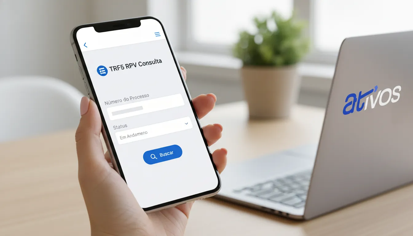 Consulta RPV TRF5 em tela de smartphone, interface limpa e intuitiva. Mostra acesso fácil.