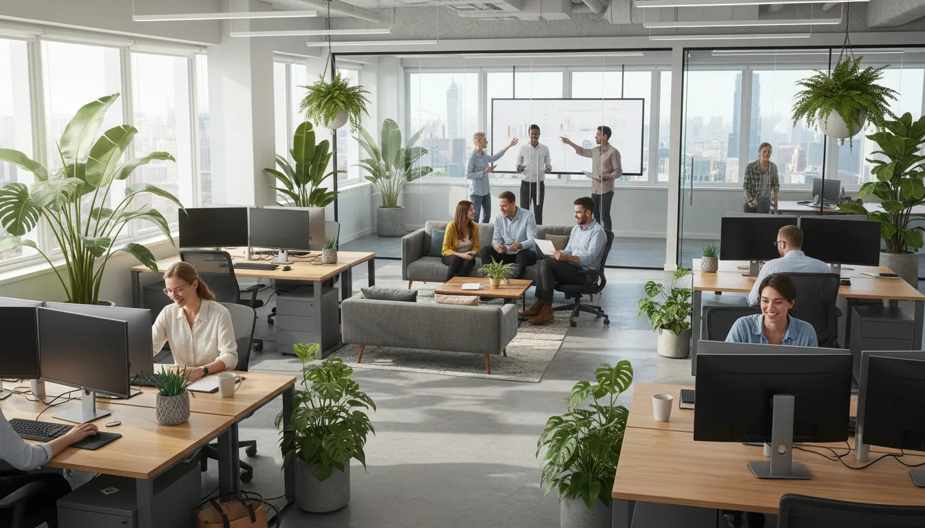 Ambiente de trabalho vibrante e feliz, com equipes engajadas, refletindo o sucesso da pesquisa de clima organizacional.